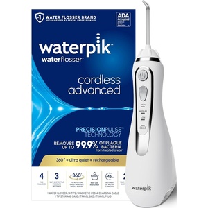 image:imageWaterpik Cordless Advanced Portable Water Flosser Rechargeable White  3 Settings 4 Tips Travel Bag for Gums Teeth Dental Braces Implants Shower Use ADA Accepted WP580 Packaging May VaryWhite