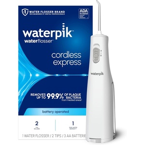 image:imageWaterpik Cordless Express Portable Water Flosser 3 AA Batteries White  2 Settings 2 Tips for Daily Gum Health amp Cleaning Teeth Travel Shower Use ADA Accepted WF02 Packaging May VaryWhite