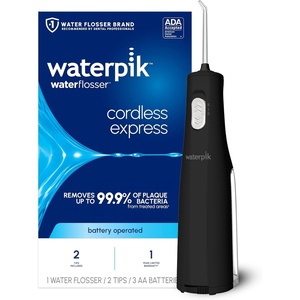 image:imageWaterpik Cordless Express Portable Water Flosser 3 AA Batteries White  2 Settings 2 Tips for Daily Gum Health amp Cleaning Teeth Travel Shower Use ADA Accepted WF02 Packaging May VaryBlack