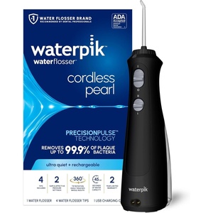 image:imageWaterpik Cordless Pearl Portable Water Flosser Rechargeable White  2 Settings 4 Tips for Daily Gum Health amp Cleaning Teeth Dental Braces Implants ADA Accepted WF13 Amazon ExclusiveBlack