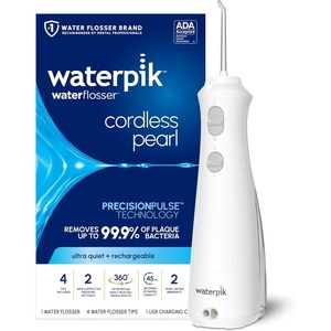image:imageWaterpik Cordless Pearl Portable Water Flosser Rechargeable White  2 Settings 4 Tips for Daily Gum Health amp Cleaning Teeth Dental Braces Implants ADA Accepted WF13 Amazon ExclusivePearl White